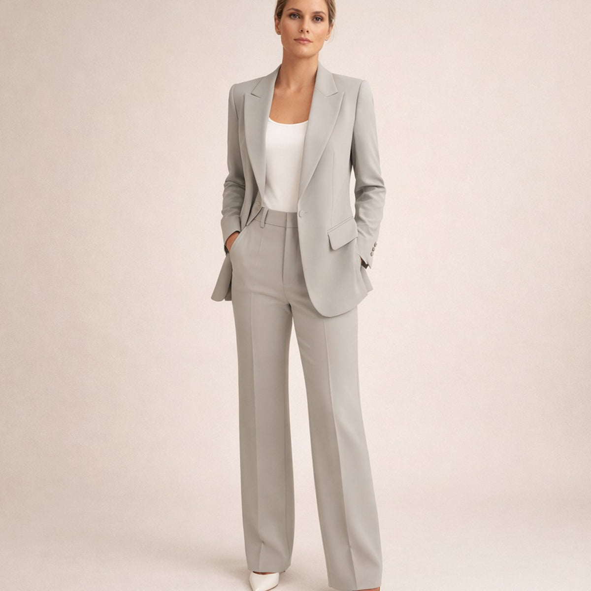 Women's Wide-Leg High-Waist Blazer Pants Two-Piece Suit Set - Gray