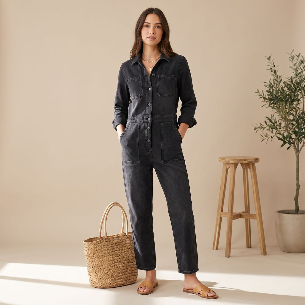 Women's Wide-Leg One-Piece Denim Jumpsuit Long Sleeve Button-Front - Black
