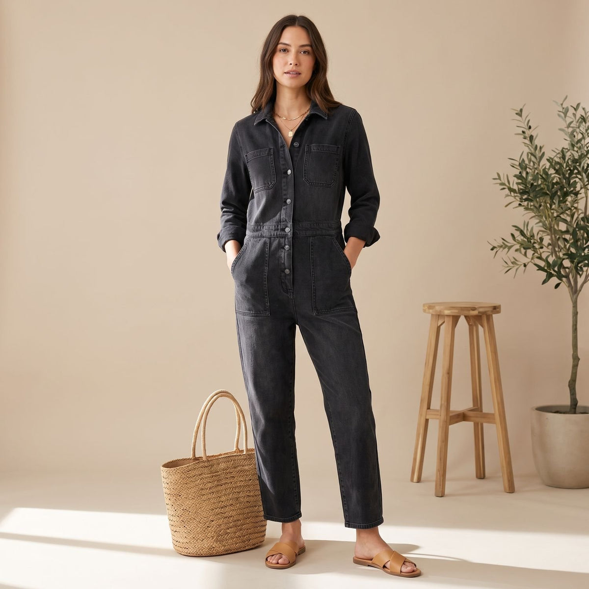 Women's Wide-Leg One-Piece Denim Jumpsuit Long Sleeve Button-Front - Black
