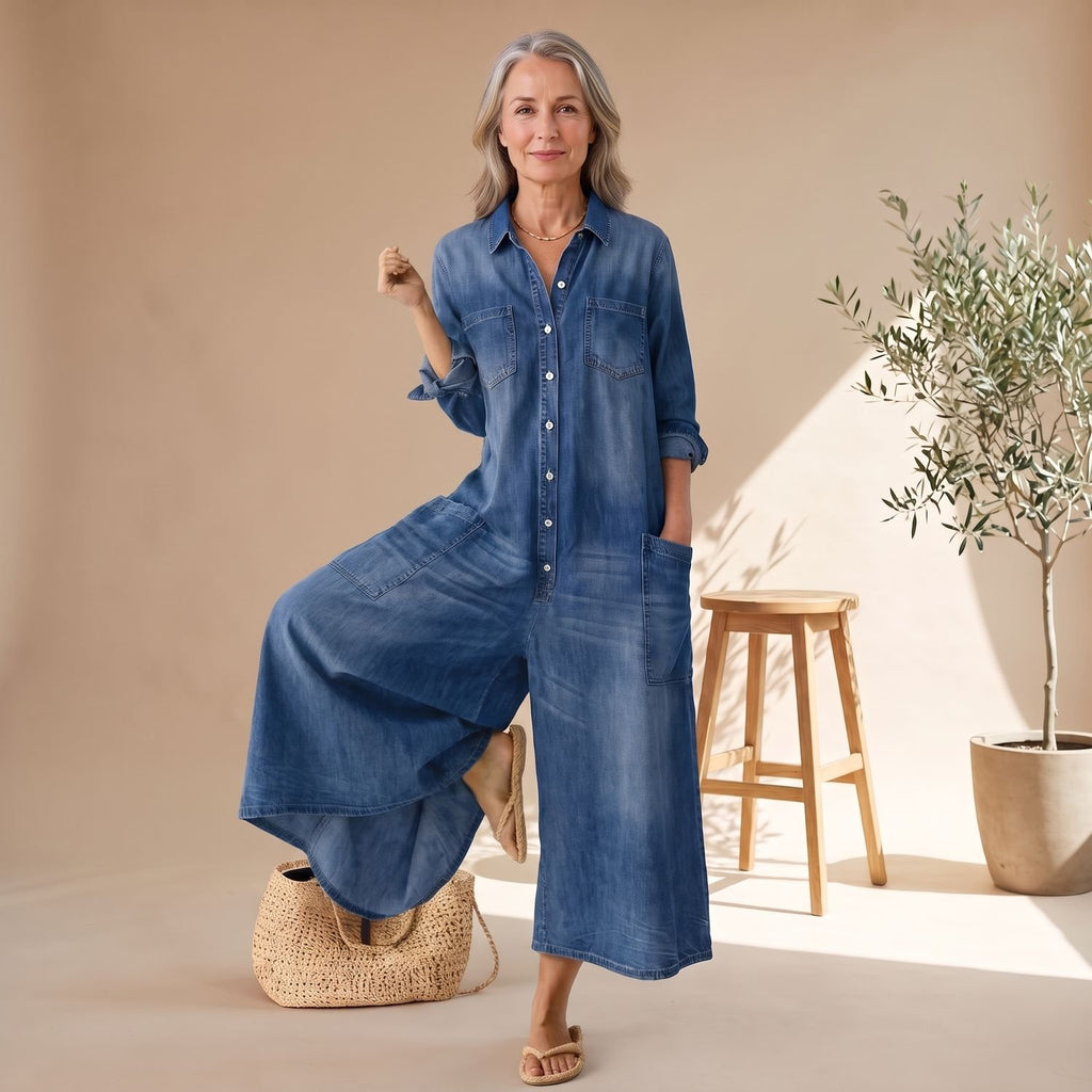Women's Wide-Leg One-Piece Denim Jumpsuit Long Sleeve Button-Front - Blue