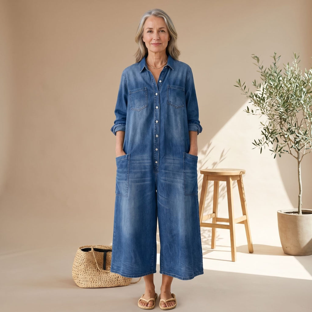 Women's Wide-Leg One-Piece Denim Jumpsuit Long Sleeve Button-Front