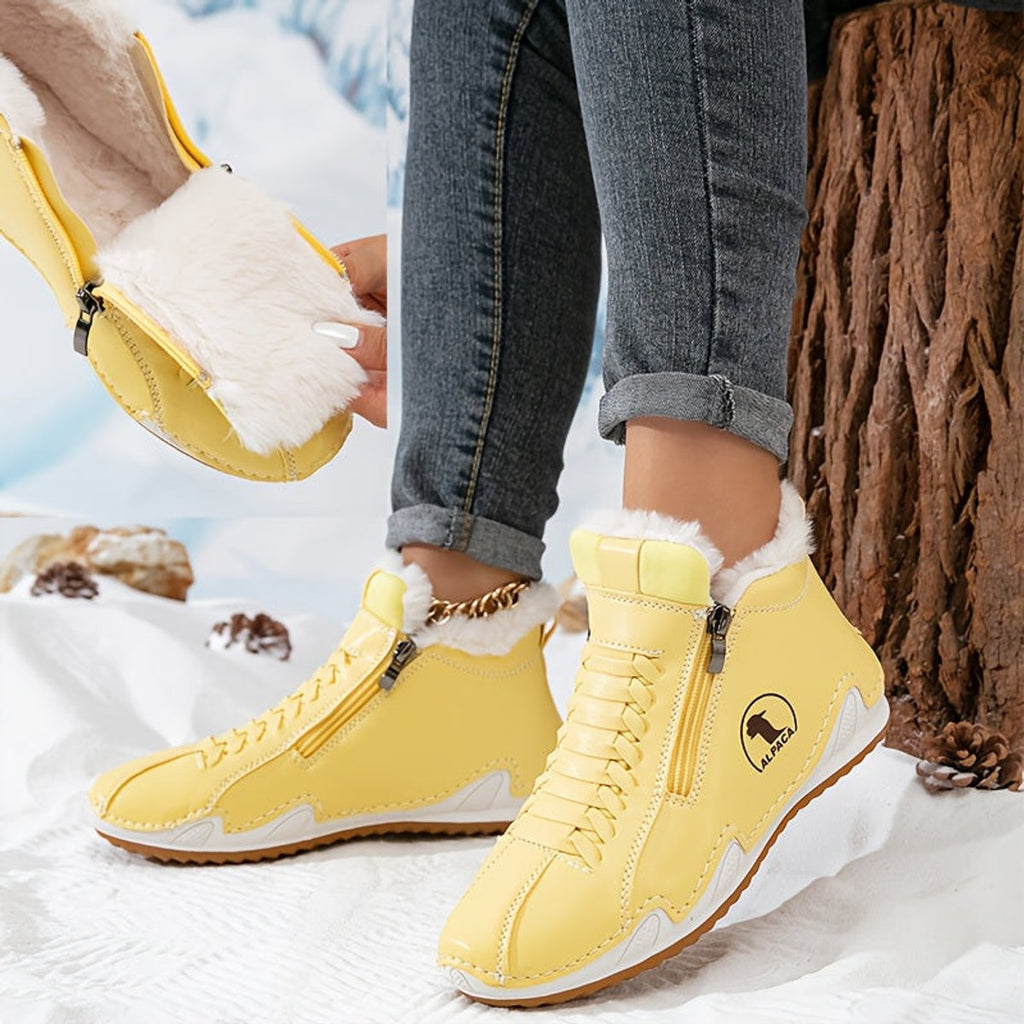 Women's Wide-Toe Faux-Fur Lined Lace-Up Winter Ankle Boots - Yellow