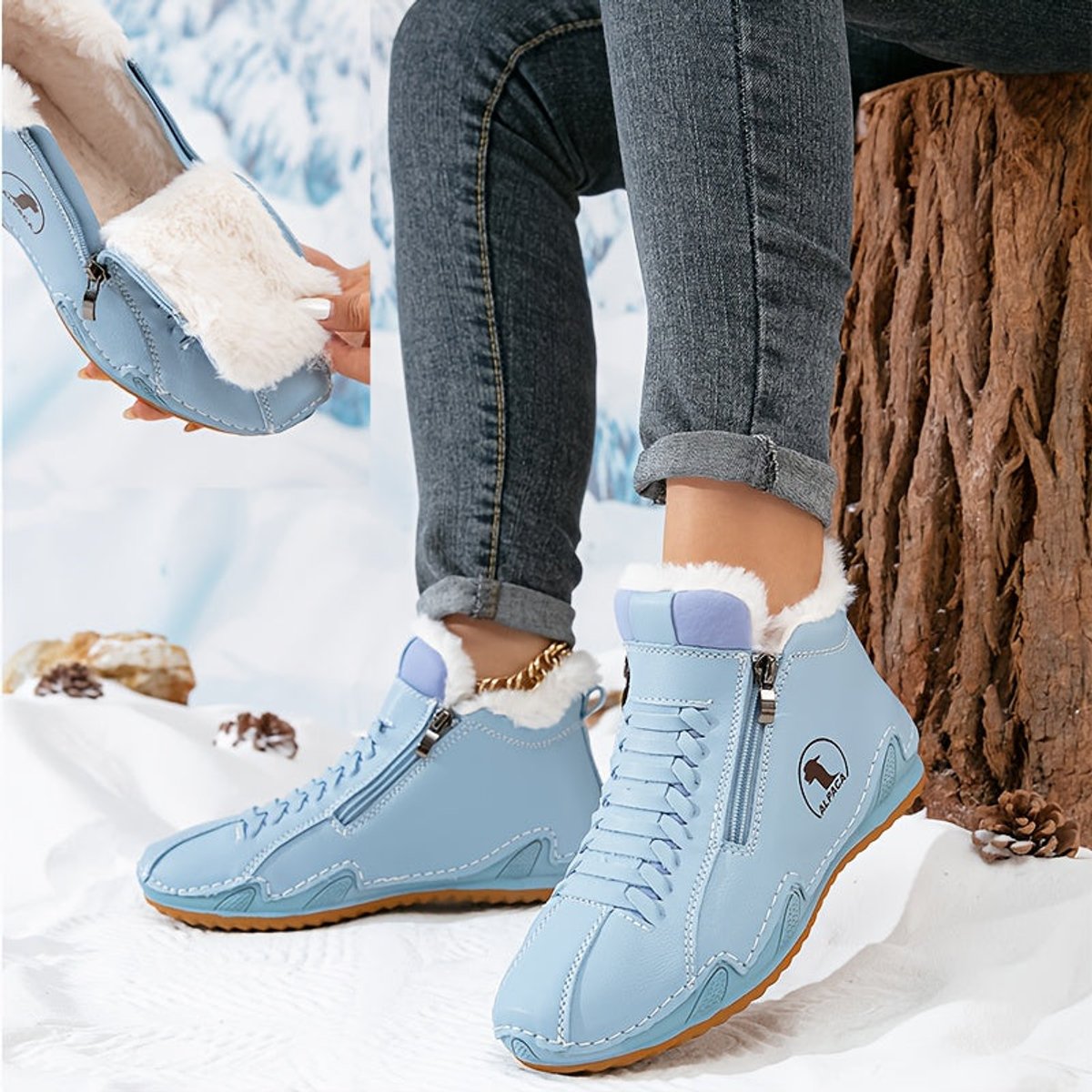 Women's Wide-Toe Faux-Fur Lined Lace-Up Winter Ankle Boots - Blue