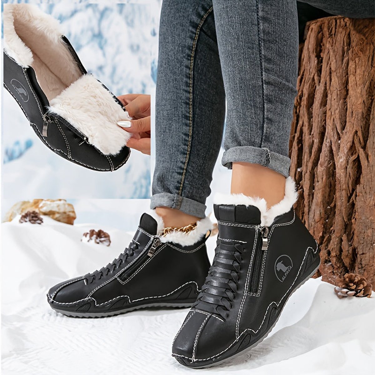 Women's Wide-Toe Faux-Fur Lined Lace-Up Winter Ankle Boots
