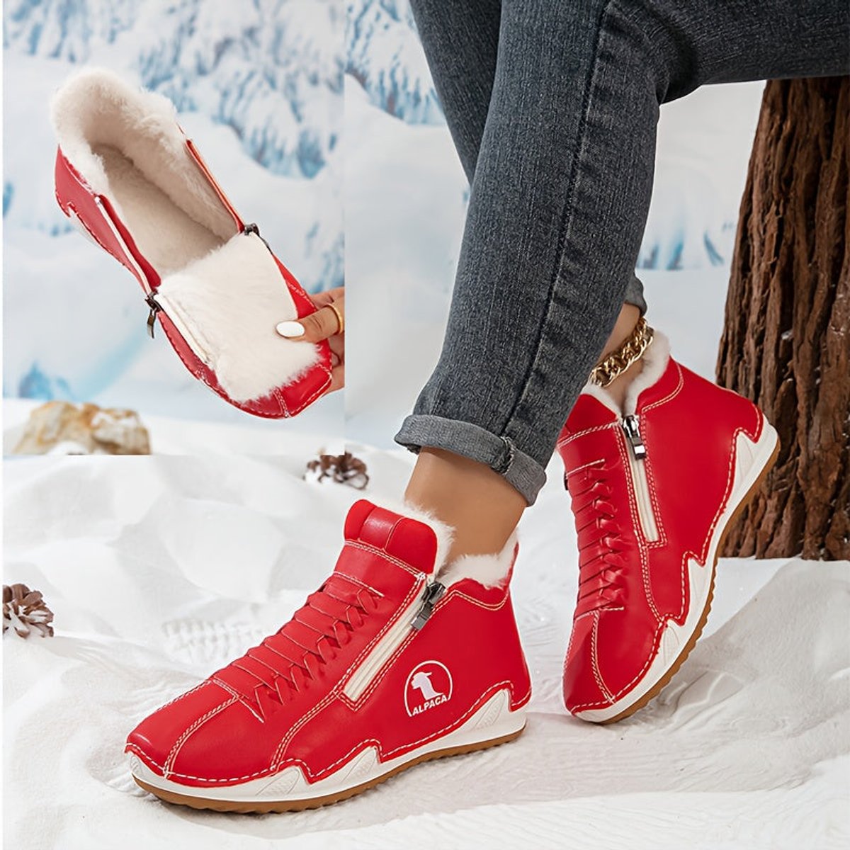 Women's Wide-Toe Faux-Fur Lined Lace-Up Winter Ankle Boots