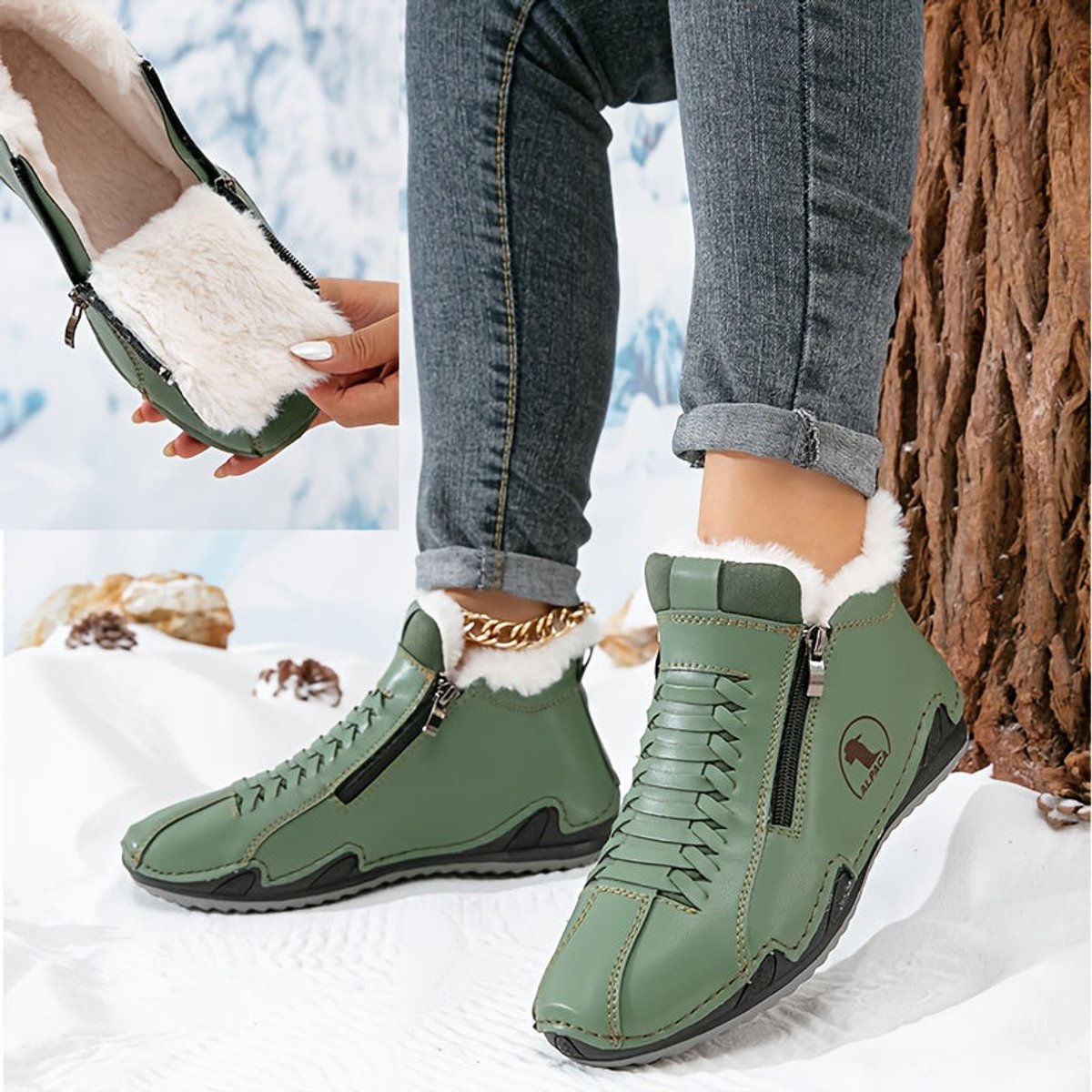 Women's Wide-Toe Faux-Fur Lined Lace-Up Winter Ankle Boots - Green