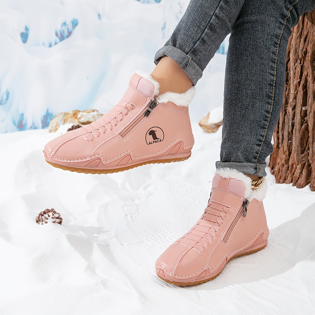 Women's Wide-Toe Faux-Fur Lined Lace-Up Winter Ankle Boots - Pink