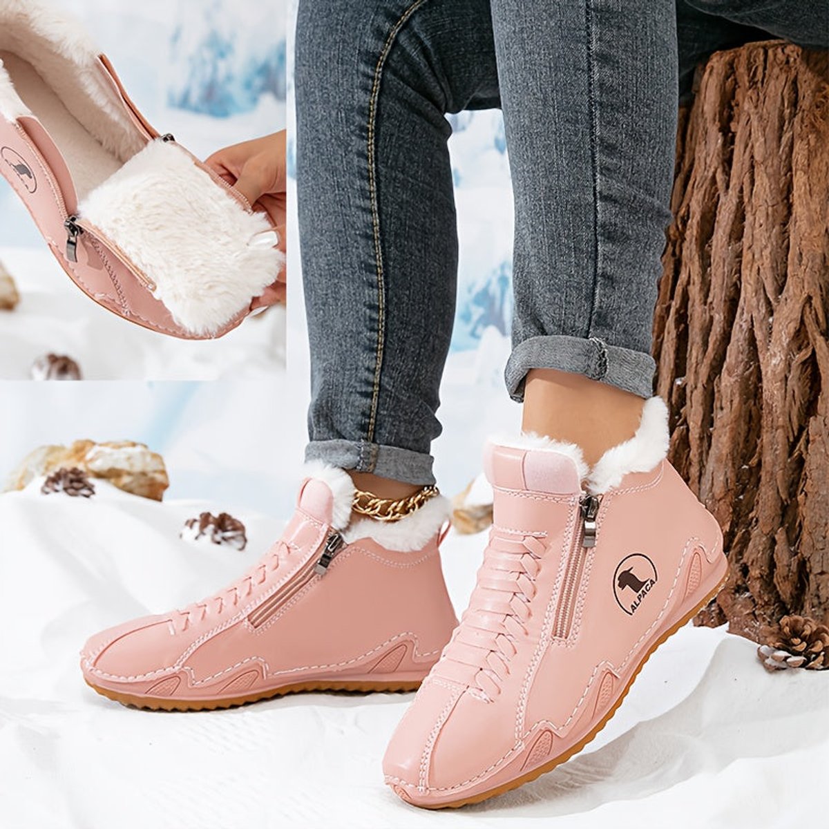 Women's Wide-Toe Faux-Fur Lined Lace-Up Winter Ankle Boots