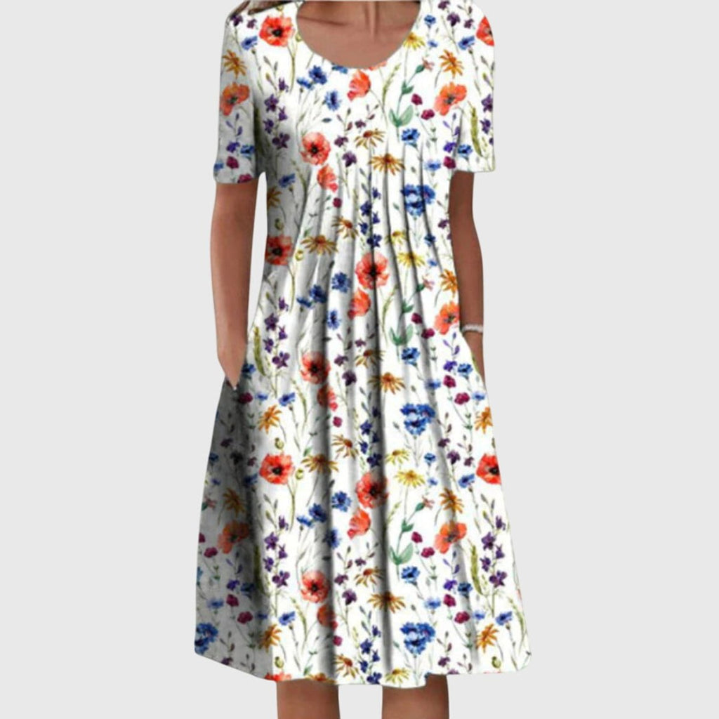 Women's Wildflower Floral Print Short-Sleeve Pleated Midi Dress - Red Flowers
