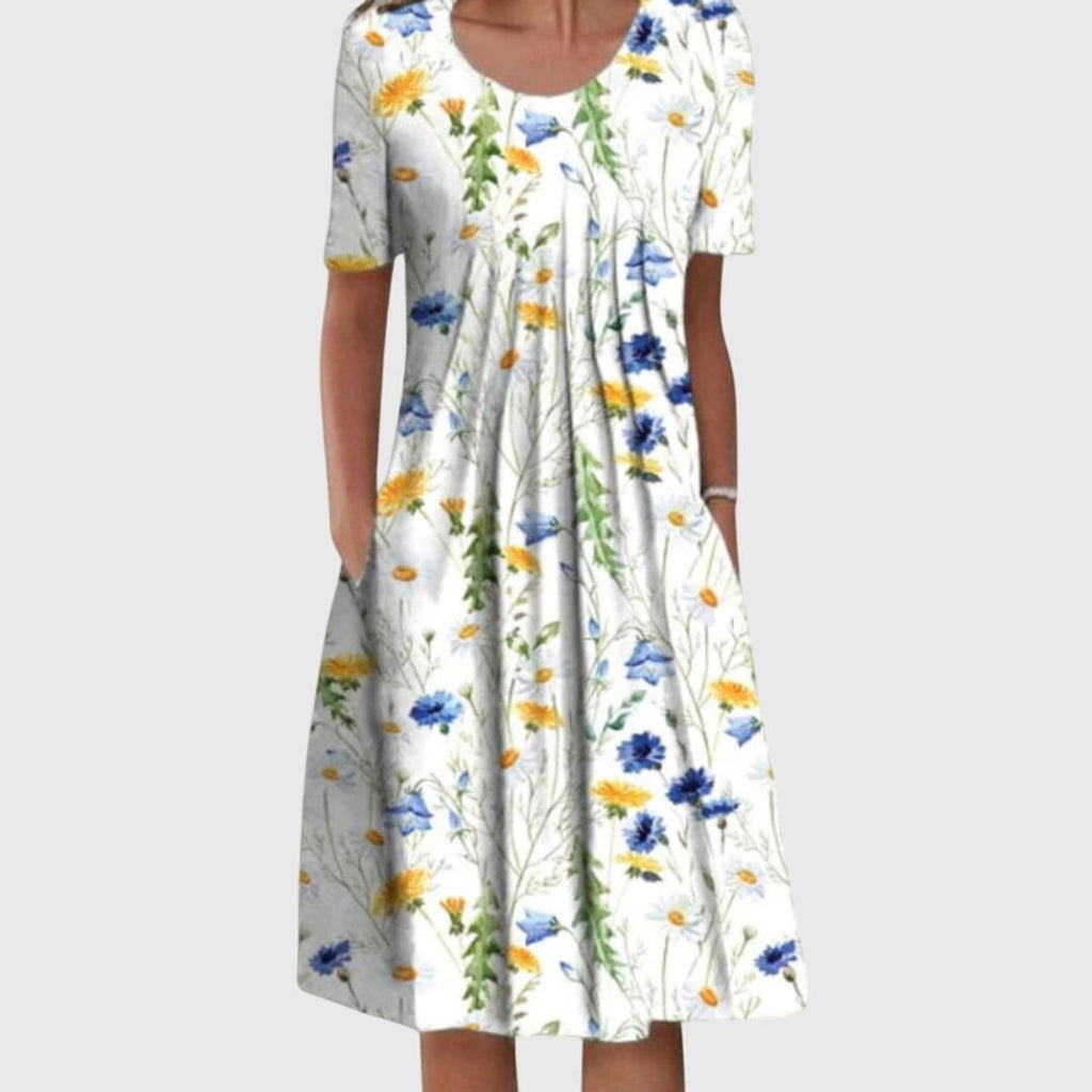 Women's Wildflower Floral Print Short-Sleeve Pleated Midi Dress - Yellow Flowers