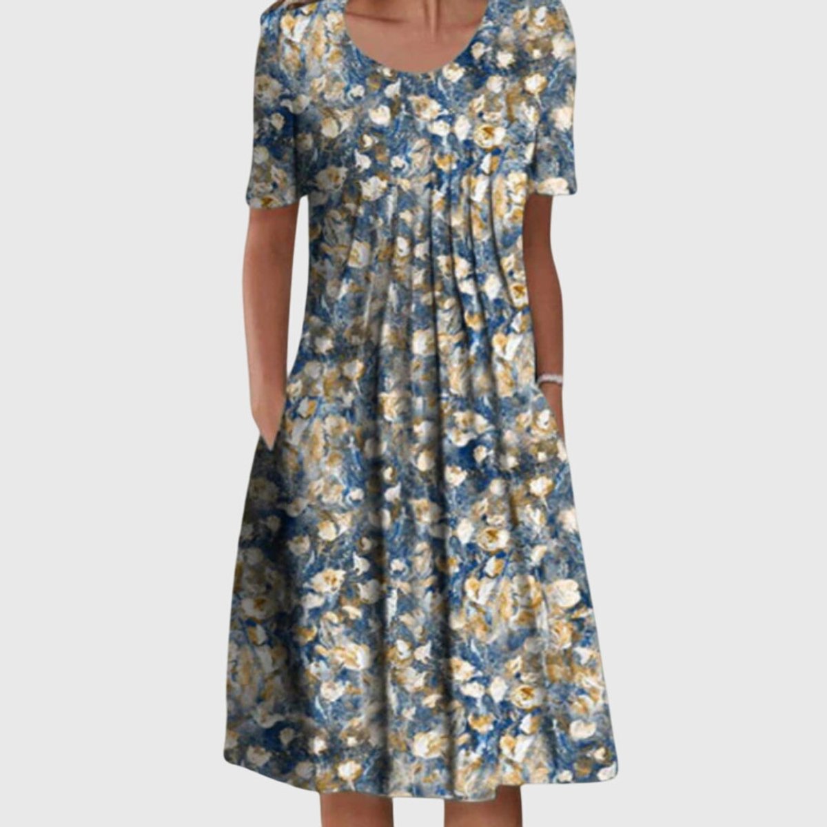 Women's Wildflower Floral Print Short-Sleeve Pleated Midi Dress - Light Blue