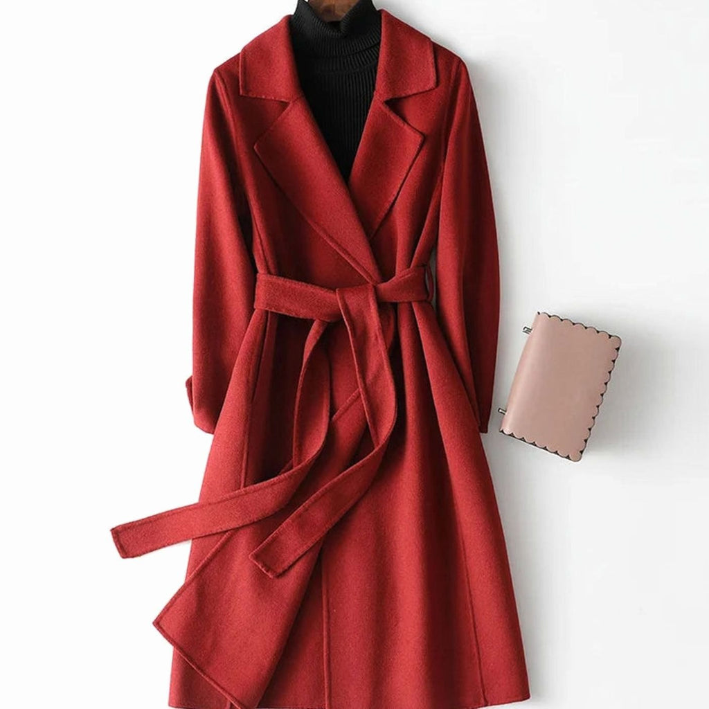 Women's Wool Belted Wrap Coat A-Line Notch Lapel Winter Coat - Burgundy
