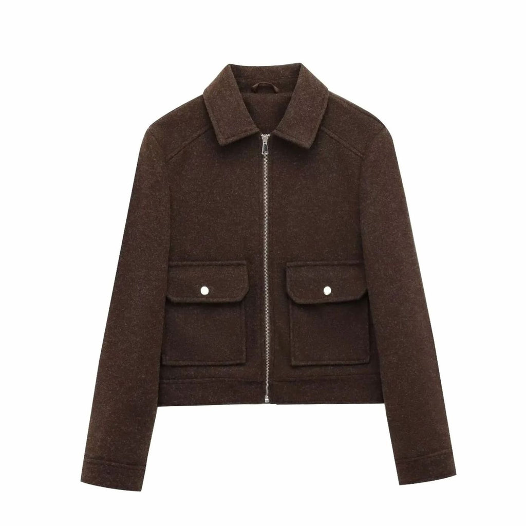 Women's Wool Bomber Jacket Zippered Cropped Outerwear - Brown