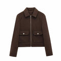 Women's Wool Bomber Jacket Zippered Cropped Outerwear - Brown