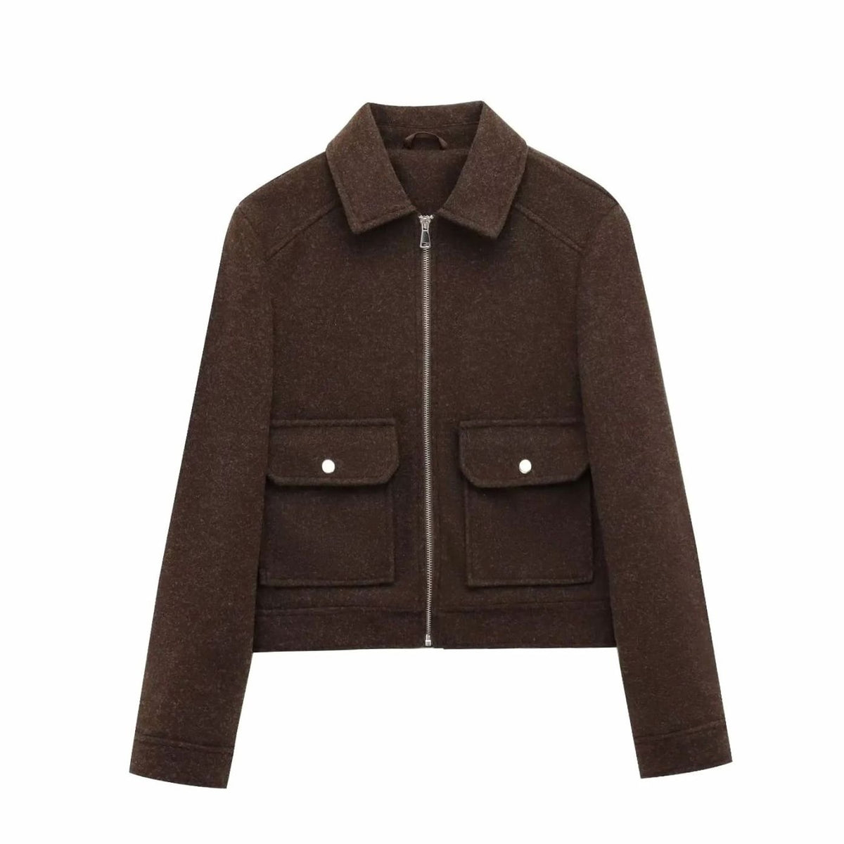Women's Wool Bomber Jacket Zippered Cropped Outerwear - Brown