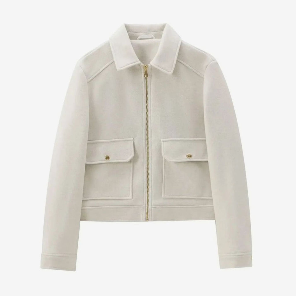 Women's Wool Bomber Jacket Zippered Cropped Outerwear - White