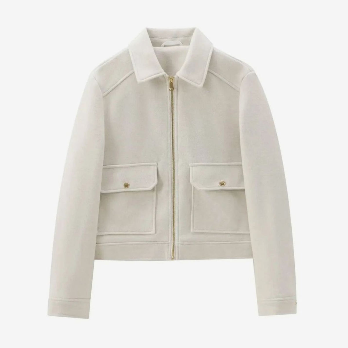 Women's Wool Bomber Jacket Zippered Cropped Outerwear - White