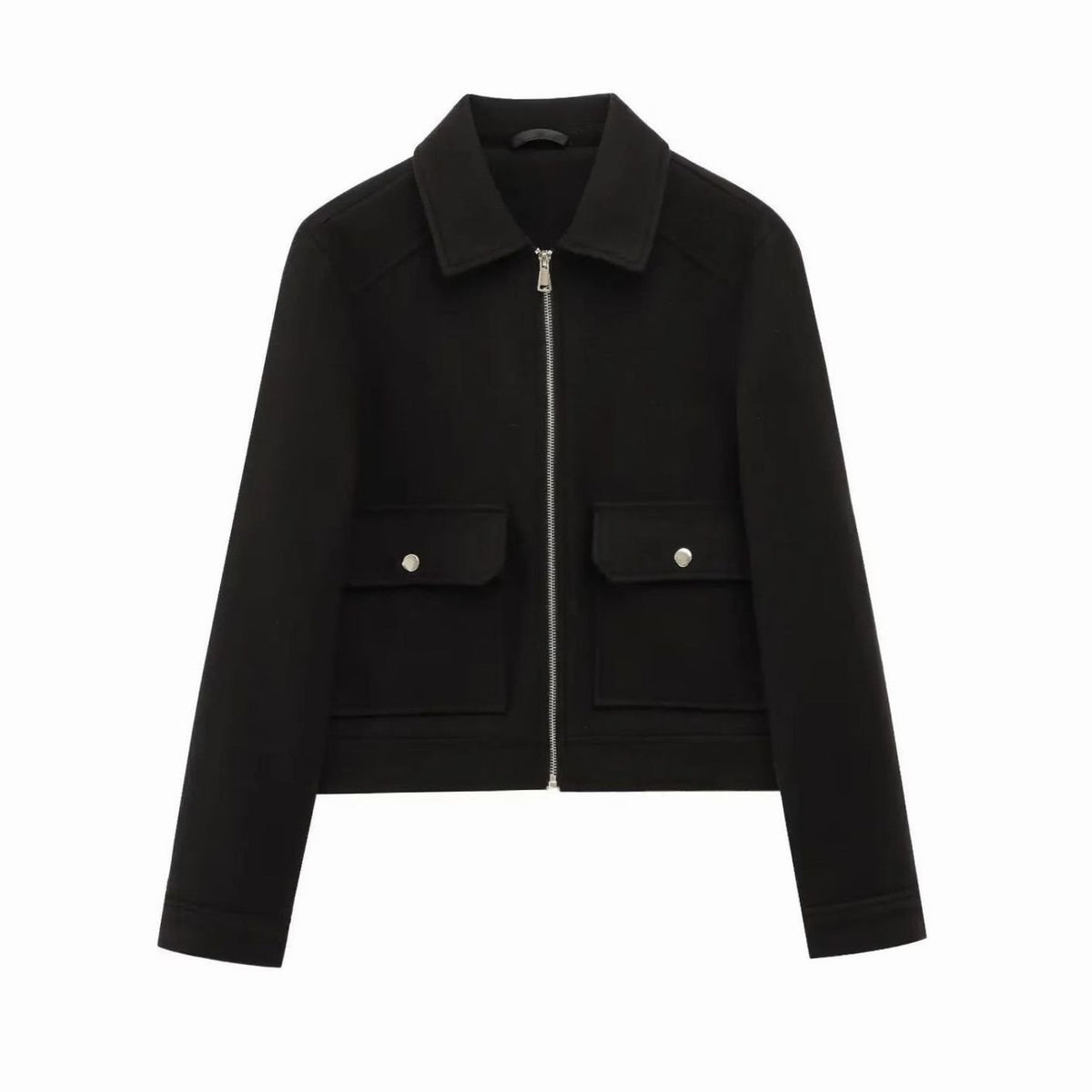 Women's Wool Bomber Jacket Zippered Cropped Outerwear - Black