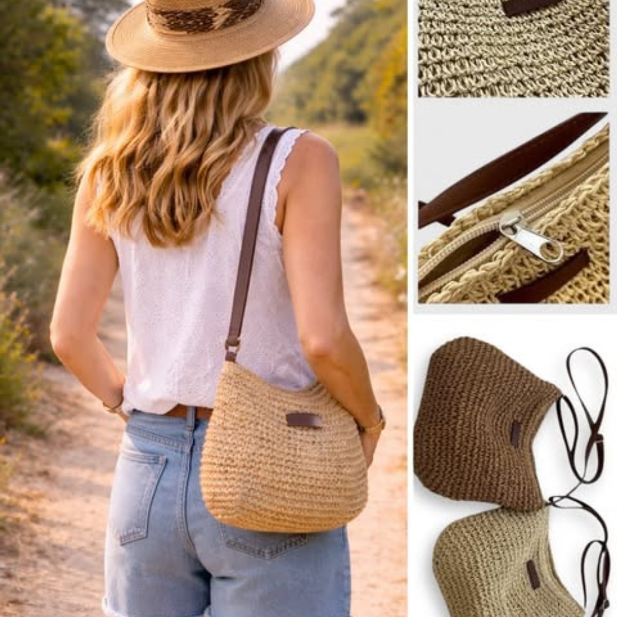 Women's Woven Raffia Zip-Top Shoulder Hobo Bag