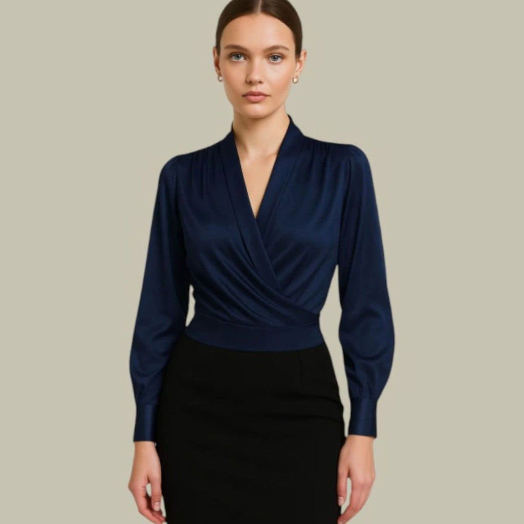 Women's Wrap-Front Long Sleeve V-Neck Satin Blouses - Navy Blue