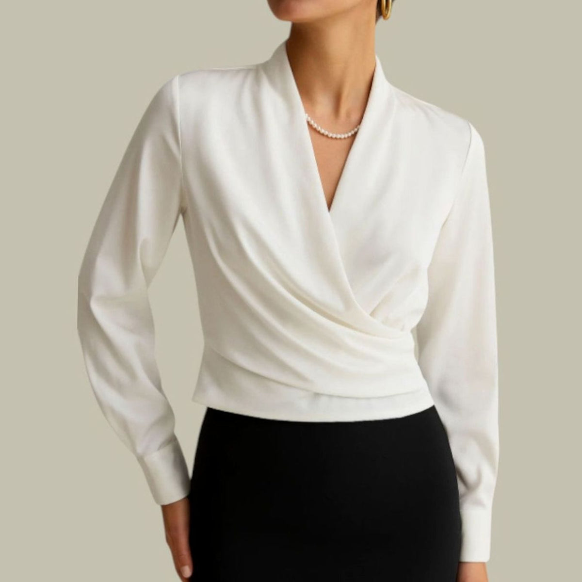 Women's Wrap-Front Long Sleeve V-Neck Satin Blouses - White