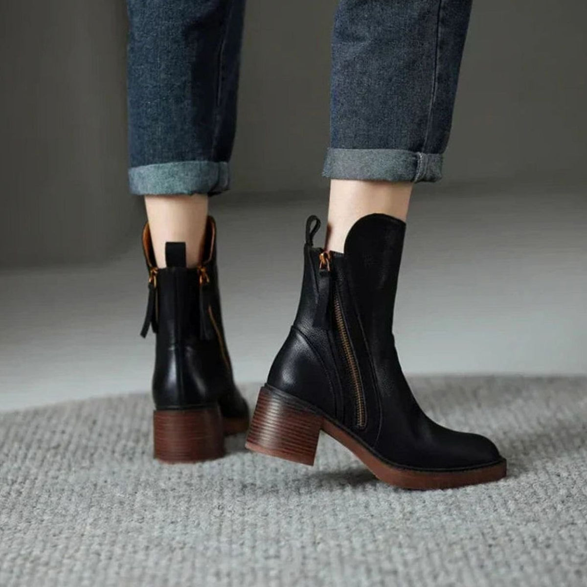 Women's Zip-Up Block Heel Boots Leather-Look Ankle Booties