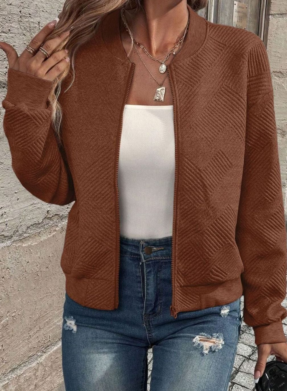 Women's Zip-Up Long Sleeve Cardigan Textured Knit Bomber Jacket - Brown