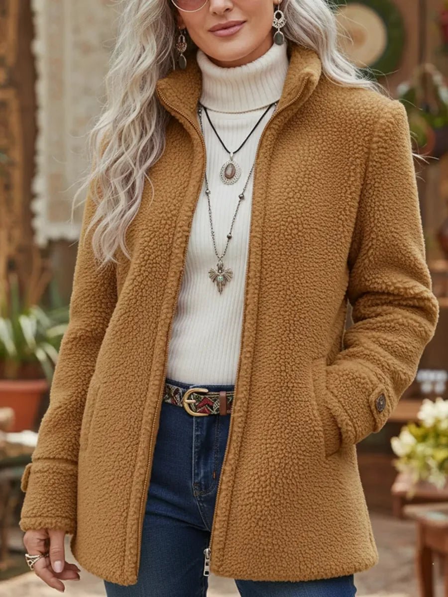 Women's Zip-Up Sherpa Fleece Stand-Collar Coat - Camel