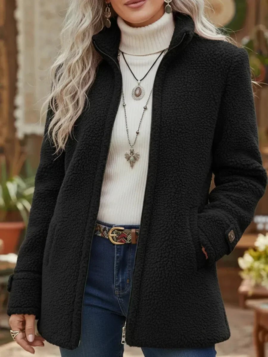 Women's Zip-Up Sherpa Fleece Stand-Collar Coat - Black