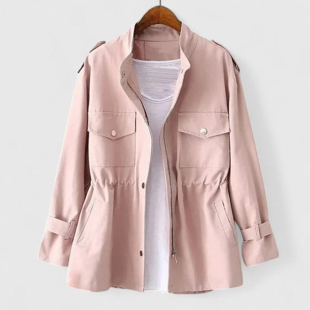 Women's Zip-Up Utility Jacket Drawstring Waist Cargo Pockets - Pink