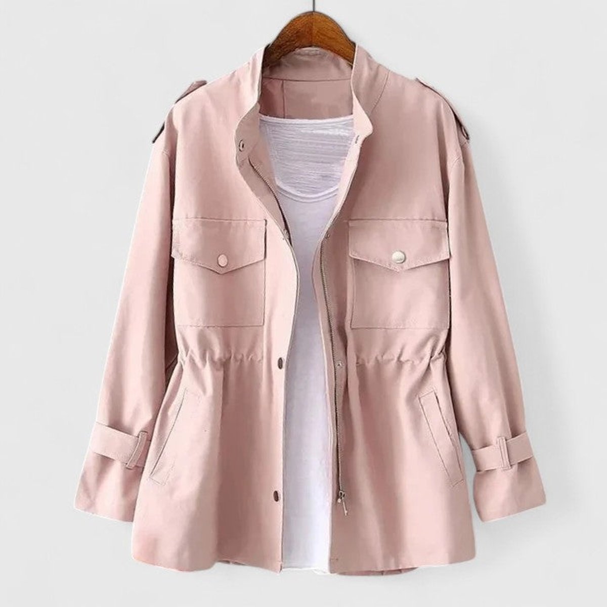 Women's Zip-Up Utility Jacket Drawstring Waist Cargo Pockets - Pink