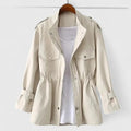 Women's Zip-Up Utility Jacket Drawstring Waist Cargo Pockets - Cream