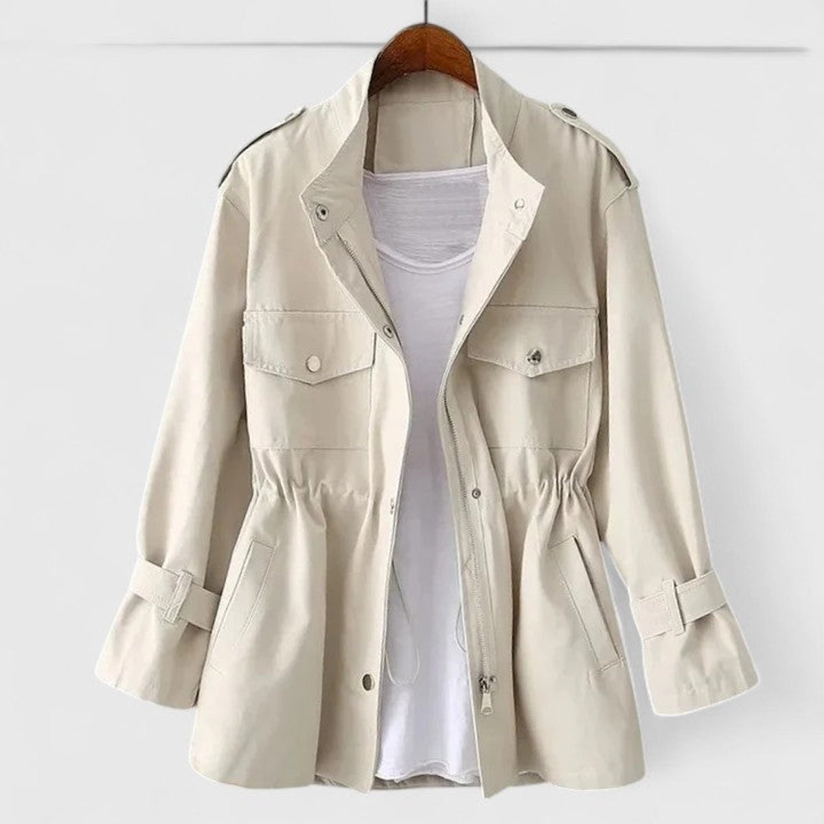 Women's Zip-Up Utility Jacket Drawstring Waist Cargo Pockets - Cream