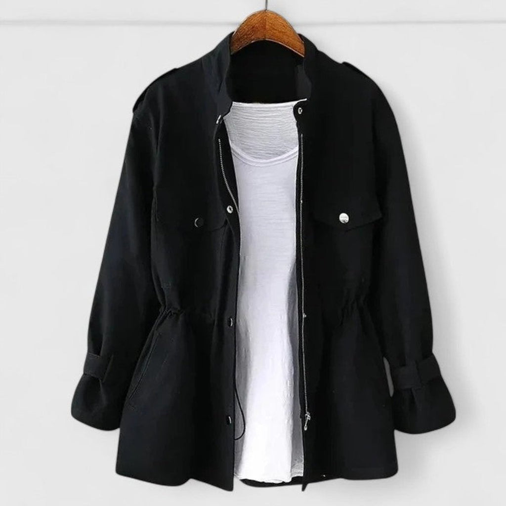 Women's Zip-Up Utility Jacket Drawstring Waist Cargo Pockets - Black