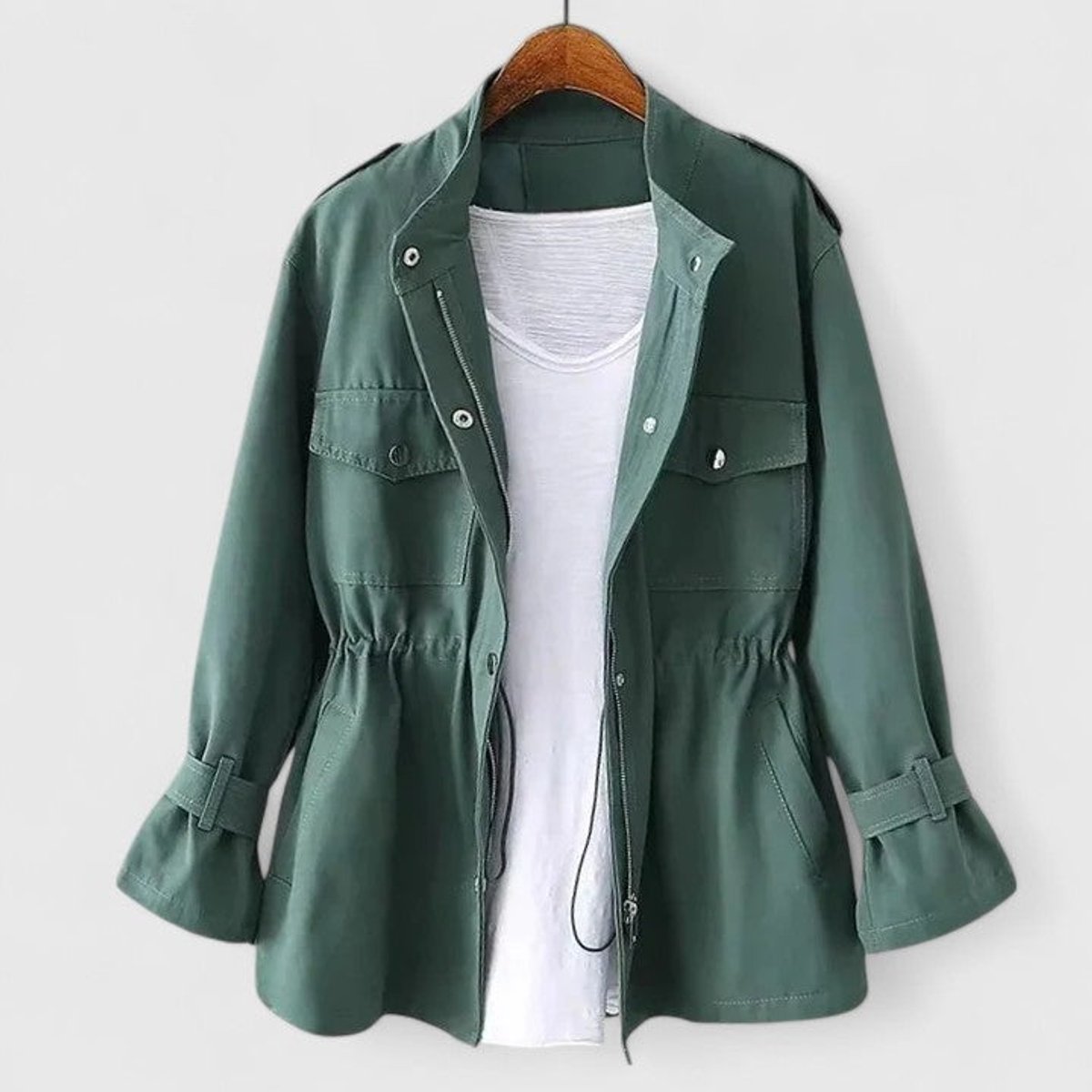 Women's Zip-Up Utility Jacket Drawstring Waist Cargo Pockets - Green